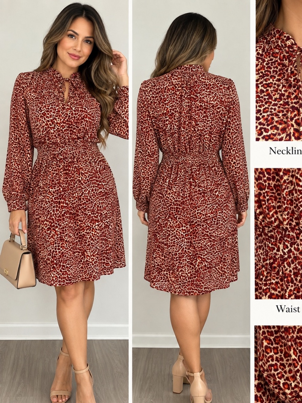 H&M Women’s Size 8 Leopard Print Long Sleeve Fit & Flare Dress Burgundy